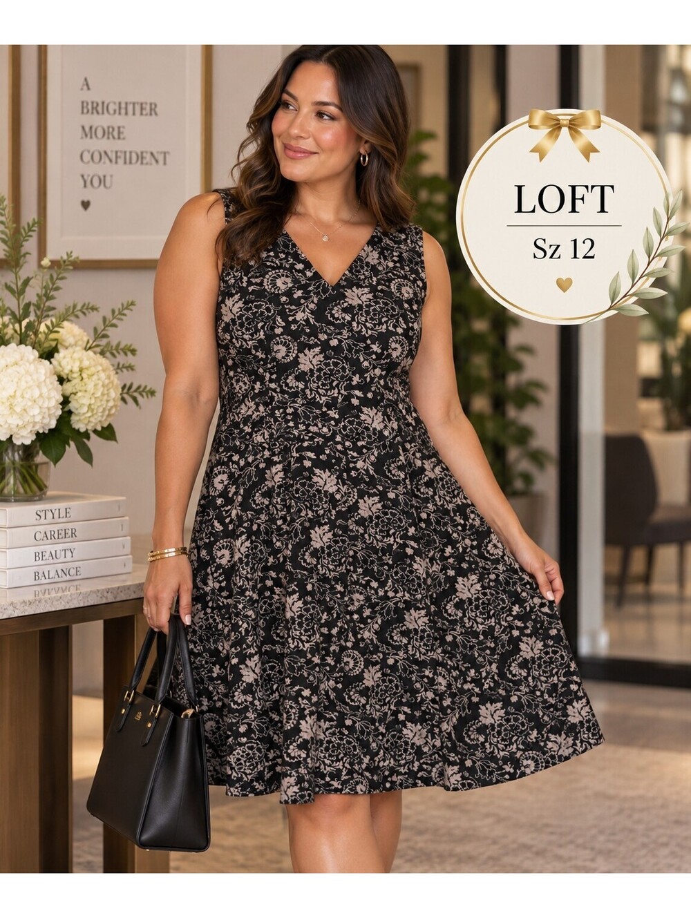 LOFT Outlet | 12 | Black Gray Jacquard Dress